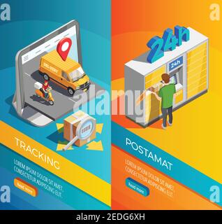 Lieferung isometrische vertikale Banner mit Transport-Tracking und Post-Paket Schließfächer Kompositionen isometrische Vektor-Illustration Stock Vektor