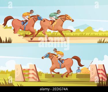 Pferdesport horizontale Banner mit Reiten und Racing Cartoon Kompositionen flache Vektorgrafik Stock Vektor