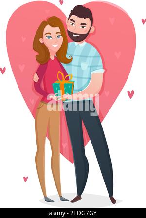 Valentinstag paar Komposition mit Paar von sweethearts flachen Charakteren Vor der großen gezeichneten Herz-Vektor-Illustration Stock Vektor