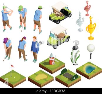 Golf farbige isometrische dekorative Symbole Set von Turnier Preis Cabriolet Golfplatz Bereiche Golfer Putters isoliert Vektor-Illustration Stock Vektor