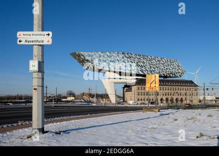 Die Straße bezeichnet das berühmte moderne Hafenhaus (Havenhuis) an einem frischen Wintertag in Antwerpen, Belgien. Stockfoto