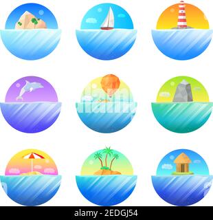 Tropische Insel Symbole runde Symbole mit schönen Farbverlauf gesetzt Wasser und Palmen Segelboot Leuchtturm Delphin Vektor-Illustration Stock Vektor