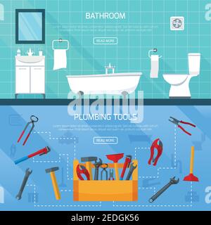 Sanitär-Banner mit Werkzeugkasten Flowchart Bad Inneneinrichtungen gesetzt Flache Bilder mit Vektorgrafik für die Schaltfläche „Mehr lesen“ Stock Vektor