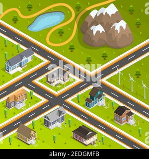 Stadtgebäude isometrischen Hintergrund mit Hütte Häuser Autobahn und Landschaft Mit Seebergen und Turbinentürmen Vektorgrafik Stock Vektor
