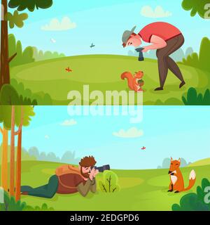 Natur-und Tierwelt Fotograf mit Kamera in Outdoor-Action horizontal Banner flache Vektor-Illustration Stock Vektor