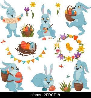 Ostern große Reihe von isolierten Cartoon Bunny Charaktere mit ostern Eier Nest Huhn und Blumen Bilder Vektor-Illustration Stock Vektor