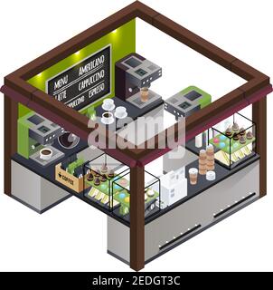 Kaffeestall im Freien Konzession Stand isometrische Zusammensetzung mit verschiedenen Kaffee Sorten Menü Kaffeemaschine und süße Kuchen Vektor-Illustration Stock Vektor