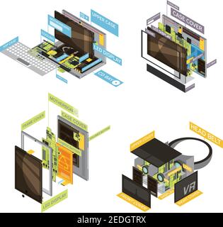 Vier quadratische farbige Gadgets Schema Zusammensetzung mit Typen und gesetzt Teile von Computern und Tablets Vektordarstellung Stock Vektor