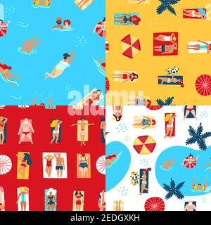 Bunte 2x2 nahtlose Muster Set mit Menschen Sonnenbaden am Strand Und Schwimmen im Meer Draufsicht flach isoliert Vektor-Illustration Stock Vektor