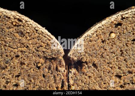 Zwei Scheiben frisch gebackenes Borodino-Brot mit Gewürzen Ein schwarzer Hintergrund Nahaufnahme Stockfoto