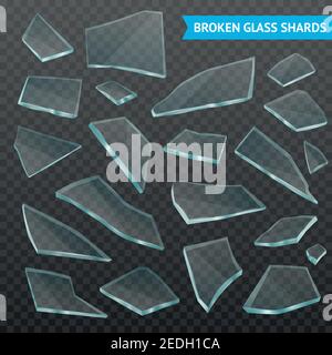 Facettierte dicke Glas gebrochen Becher Fragmente verschiedenen Formen und Größe Stücke auf dunkel transparent realistische Vektor-Illustration gesetzt Stock Vektor