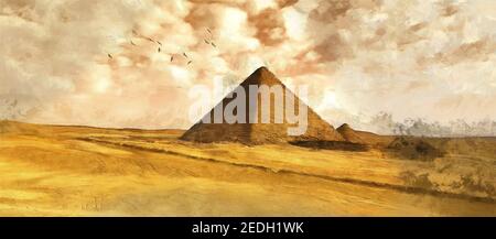 Pyramiden von Gizeh in der sandigen Wüste. Künstlerische Arbeit zum Thema antike Architektur Stockfoto