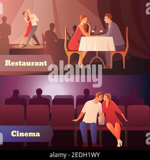 Romantisches Abendessen aus Paare flache Kompositionen mit liebevollen Paar mit Ein Datum in Kino und Restaurant Vektor Illustration Stock Vektor