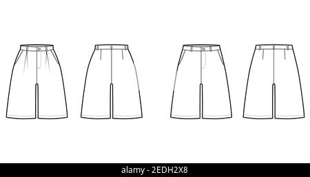 Set von Shorts Baggy Bermudas Kleid Hose technische Mode Illustration mit knielangen, Single Falte, normale niedrige Taille, hoher Bund. Flacher Boden Schablone vorne, hinten, weiße Farbe. Frauen Männer CAD Mockup Stock Vektor