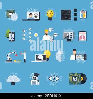 Neuronale Netze Netze isolierte dekorative Symbole auf Thema gesetzt Deep Learning sprach- und Bilderkennung telemedizinische flache Vektor-Illustration Stock Vektor