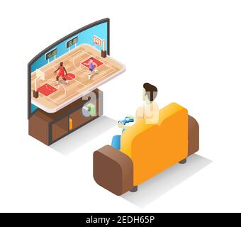 Isometrische männliche Gamer spielen Basketball-Videospiel mit Controller sitzt auf Sofa, flache Vektor-Illustration. Stock Vektor