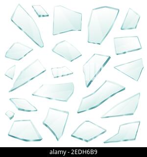 Zerbrochene Ebene transparente Glasfragmente Schauer Stücke Scherben verschiedene Form Und Größe Sammlung realistische Vektor-Illustration Stock Vektor