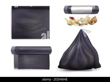 Schwarz Müllbeutel Mockup Set, Vektor isoliert Illustration. Küchenabfallbeutel, Müllbeutel. Stock Vektor
