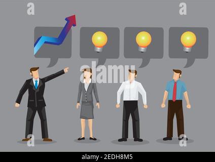 Arbeitgeber fordern von seinen Mitarbeitern Ideen, um den Unternehmensumsatz zu steigern. Konzept der unternehmerischen Zusammenarbeit und Führung. Vektorgrafik. Stock Vektor