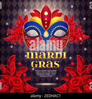 Mardi Gras Party Helle typografische Grußkarte mit buntem Karneval Maske und Platz für Text flache Vektordarstellung Stock Vektor