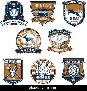 Jagd Sport Club heraldischen Ikonen. Springender Panther und Kopf auf Schild, Nashorn und Nashorn mit Band, Capra oder Bergziege und Elefant mit Trun Stock Vektor