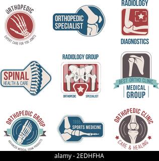 Medizinische Abzeichen für Orthopädie und Radiologie. Menschliche Knochen Etiketten mit Hand, Fuß, Knie, Wirbelsäule, Arm, Ellbogen, Finger, Becken und Schulter, Band Banner und Stock Vektor