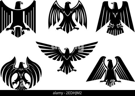 Schwarze Wappentier Adler Ikonen gesetzt oder Geier Vogel isoliert Emblem. Königliches kaiserliches gothisches Greifabzeichen. Vektor Blazon oder Wappen mit h Stock Vektor