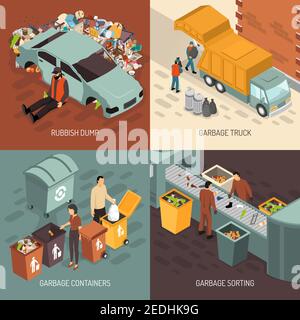 Vier quadratische isometrische Müll Recycling Design Icon Set mit LKW Müllabfallbehälter und Sortierbeschreibungen Vektordarstellung Stock Vektor