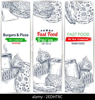 Fast Food Skizze von Burger Hamburger oder Cheeseburger, Hot Dog Sandwich, pommes Frites und Pizza, heiße Kaffeetasse und Limonade Dose, Eis Dessert. Stock Vektor
