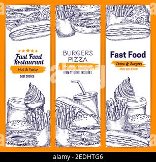 Burger und Sandwiches Fast-Food-Banner Set skizzierte Fastfood Hamburger und Cheeseburger Burger mit pommes Frites und Pizza, Hot Dog Sandwich Mahlzeit Stock Vektor