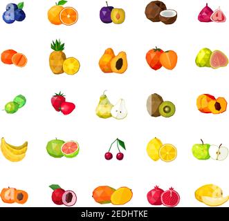 Frische tropische Früchte Beeren und Kokosnuss polygonalen Ikonen Kollektion mit Heidelbeere Feigen Kiwi Mango isoliert Vektor Illustration Stock Vektor