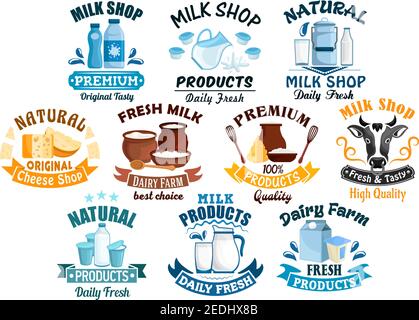 Milchprodukte Symbole für Milch Shop von Vektor milchige Lebensmittel und Getränke Milchflasche und Butter, saure Sahne und Quark, Kuhkopf und Joghurt oder Kefir in Krug Stock Vektor