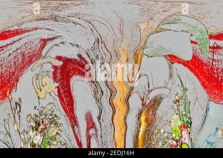 Abstrakter Hintergrund mit geschwungenen und wirbelnden Linien, die Bereiche mit verschiedenen Farben trennen. Abstraktes Bild von Blumen. Grafikressourcen. Illustration Stockfoto