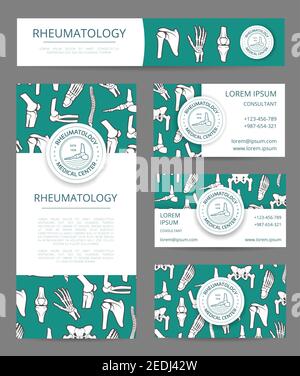 Rheumatologie medizinisches Zentrum Banner, Flyer und Kartenvorlage mit menschlichen Skelettknochen. Bein, Hand, Fuß, Wirbelsäule, Becken, Ellbogen und Schultergelenke mit Stock Vektor
