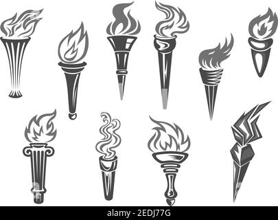 Symbole der olympischen Flamme oder der Feuerfackel. Vector Set von isolierten brennenden Sport oder Wettbewerb Fackeln Flammen. Symbole von Staffellauf, Wettkampfsieg, Champio Stock Vektor