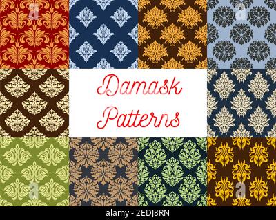 Blumige Damask und floral verzieren nahtlose Muster Set. Königliche Luxus ornamentalen Blumen Ornamente und barocke florieren Fliesen oder Kulissen von Tracery ad Stock Vektor