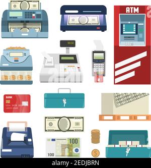 Bank Attribute isoliert farbige Icon-Set mit Kasse Gelddruck Box Vektor-Illustration Stock Vektor