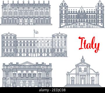 Italienische Architektursymbole und berühmte Sehenswürdigkeiten. Vector isolieren Ikonen und Fassaden des Palazzo Madama Palast, Schloss Valentino, Royal P Stock Vektor