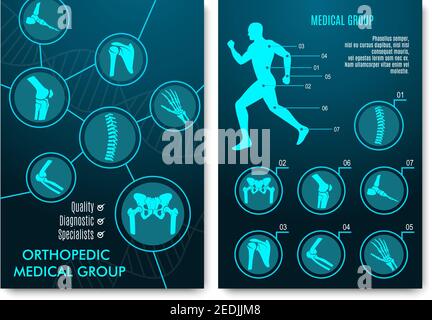 Medizinische Infografik mit orthopädischen Anatomiediagrammen. Menschliche Silhouette in Bewegung mit markierter Wirbelsäule, Becken, Knie, Fuß, Schulter, Ellbogen, Handknochen und Stock Vektor