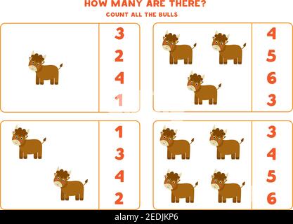 Zählen Sie alle Farmbullen und kreisen Sie die richtigen Antworten ein. Mathe-Spiel für Kinder. Stock Vektor