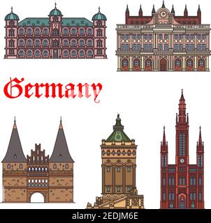 Deutsche Sehenswürdigkeiten dünne Linie Icon Set. Schloss Gottesaue, Rathaus, Holstentor, Hotel im Wasserturm Wasserturm und lutherische Marktkirche f Stock Vektor