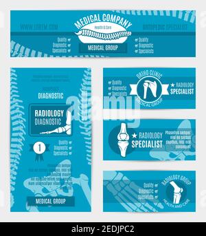 Orthopädische und radiologische medizinische Unternehmen Banner-Vorlage. Fuß, Wirbelsäule, Knie und Schultergelenke Embleme mit Text-Layout für orthopädische Klinik, Reha Stock Vektor