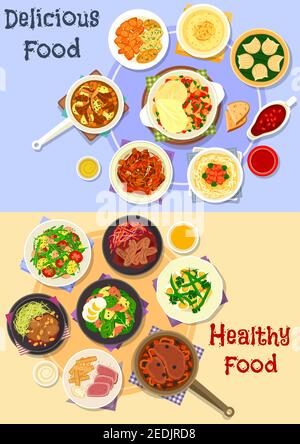 Schmackhafte Gerichte zum Abendessen Ikone Satz von gebackenen und geschmorten Fleischgerichten mit Gemüse und Saucen, Schweinegudel, Kartoffelsalate mit Fisch, Ei und Gemüse, sh Stock Vektor