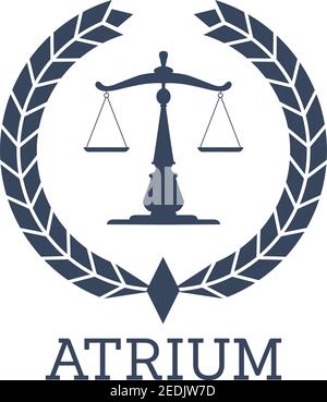 Symbol für juristische oder juristische Einrichtung oder Firma. Atrium-Emblem mit Waagen der Gerechtigkeit Symbol und heraldischen Lorbeerkranz. Vektor-Abzeichen für Advocate Office, l Stock Vektor