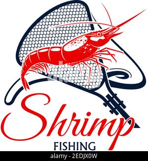 Shrimp Angeln Vektor-Symbol mit Fischnetz Snare oder Scoop-Netz Gitter und Meeresfrüchte Weichtier. Emblem für Fischerei oder Unternehmen, Fischer oder Fischer Reise Stock Vektor