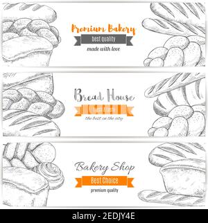 Bannerset für Bäckerei. Brotskizze aus Weizenbagel, Weißweizenbrot, Roggenbrot oder Backstein, süßem Sesambrötchen und Croissant, geflochtenes Brot A Stock Vektor