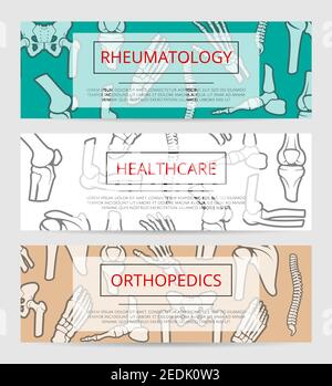 Banner-Vorlage für Gesundheitswesen, Orthopädie und Rheumatologie mit Knochen und Gelenken. Hand, Fuß, Wirbelsäule, Knie, Ellenbogen, Becken, Schulterschilder mit Textdrehscheibe Stock Vektor
