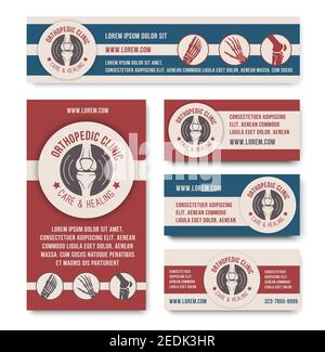 Vorlage für medizinisches Banner. Visitenkarte, Broschüre und Flyer der orthopädischen Klinik mit Text-Layout, Knochen und Gelenke der Hand, Fuß und Knie-Symbole fo Stock Vektor