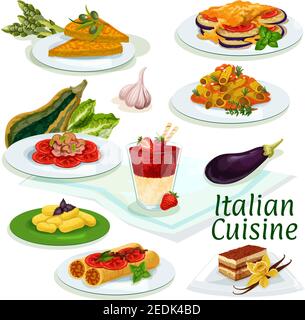 Italienische Küche traditionelle Küche Ikone. Pasta mit Pilzsauce, Auberginen-Käse Auflauf, gefüllte Pasta mit Fisch, Kaffee Kuchen Tiramisu, Kartoffel Dum Stock Vektor