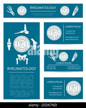 Medizin Zentrum für Rheumatologie Banner und Karte Vorlage Set. Hand-, Fuß-, Knie-, Schulter- und Becken-Gelenke mit rundem Klinikstempel und Textlayout. Di Stock Vektor